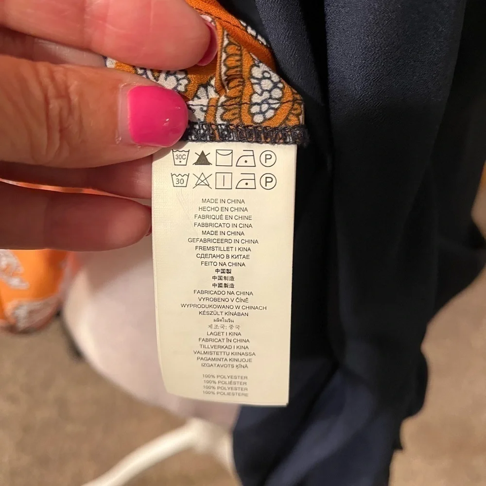Michael Kors Orange/Navy Paisley Print Cold Shoulder Long Sleeve Blouse Sz S EUC